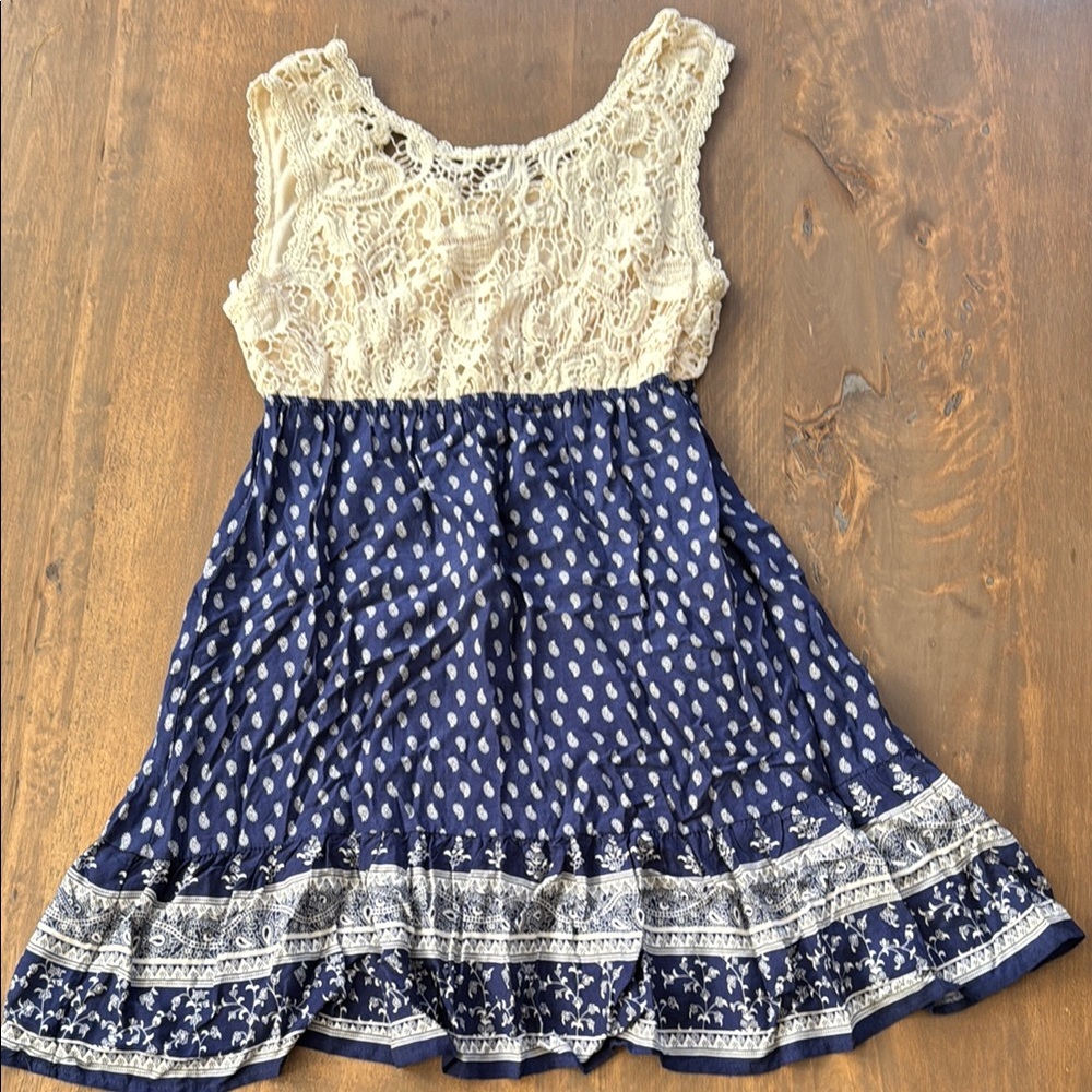 Cream and Blue Sleeveless Mini Sundress